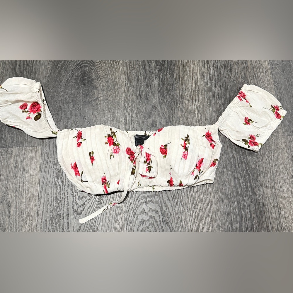 Forever 21 Floral Crop Top - White with Pink and Green